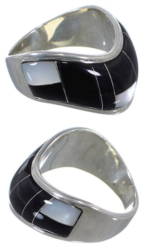 Mother Of Pearl Black Jade Sterling Silver Ring Size 7-1/4 RS42418